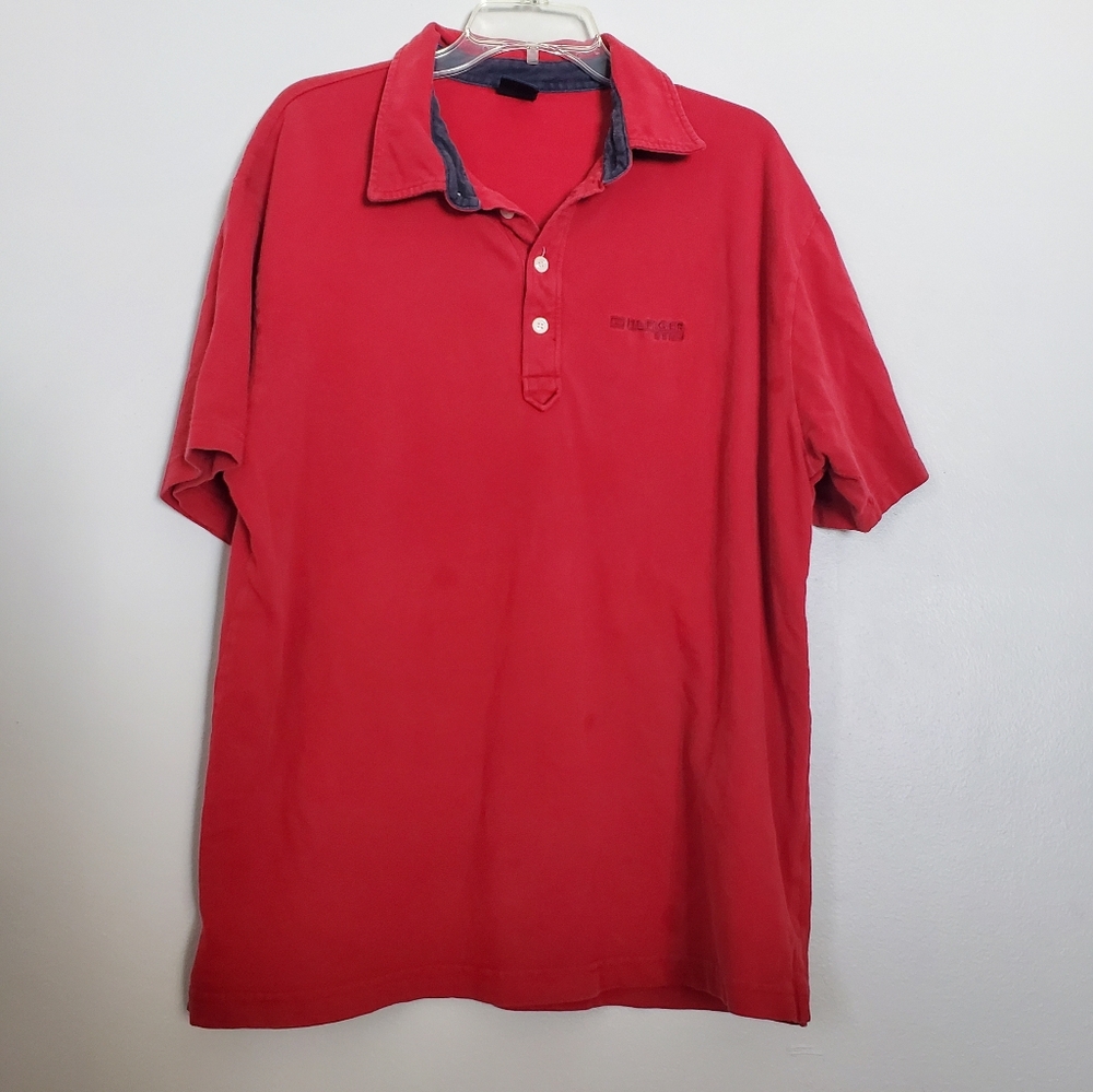 VTG Tommy Jeans Hilfiger Denim Men's‎ Solid Red Collared Short Sleeve Polo XL